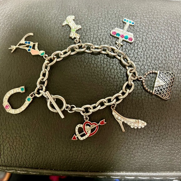 Jewelry - Vtg sterling silver chain charm bracelet w toggle Horseshoe Stiletto Hearts Dog